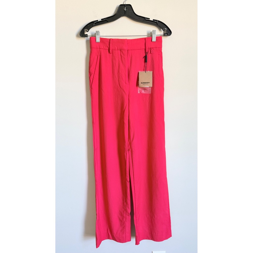 Burberry Red Virgin Wool Wide Leg Trousers TB Logo Pants NWT US 0 IT 34